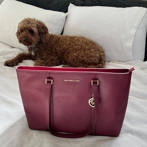 Michael Kors red leather tote bag